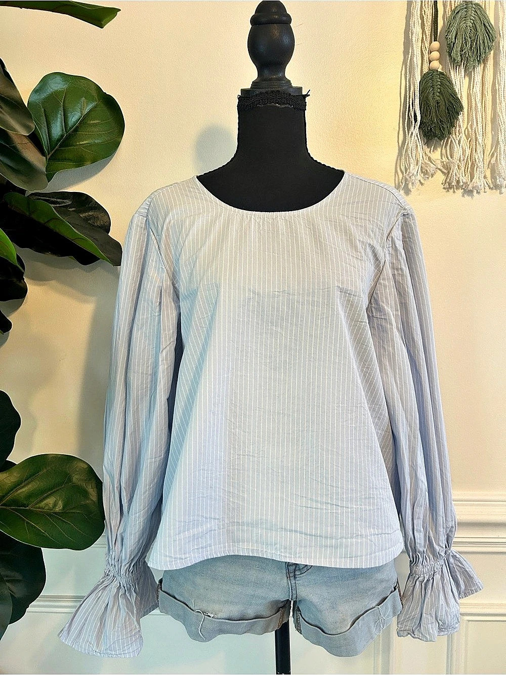 H & M Striped Long-Sleeve Tie-Back Blouse